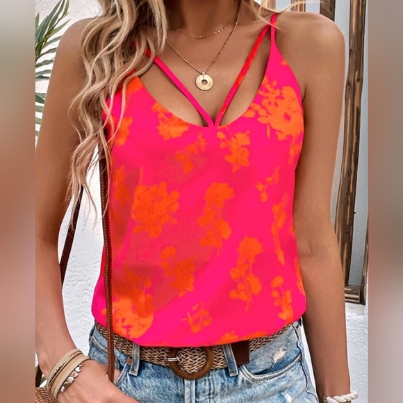 New Boho Floral Strappy Cami Tank Top Hot Pink Orange - Picture 3 of 8